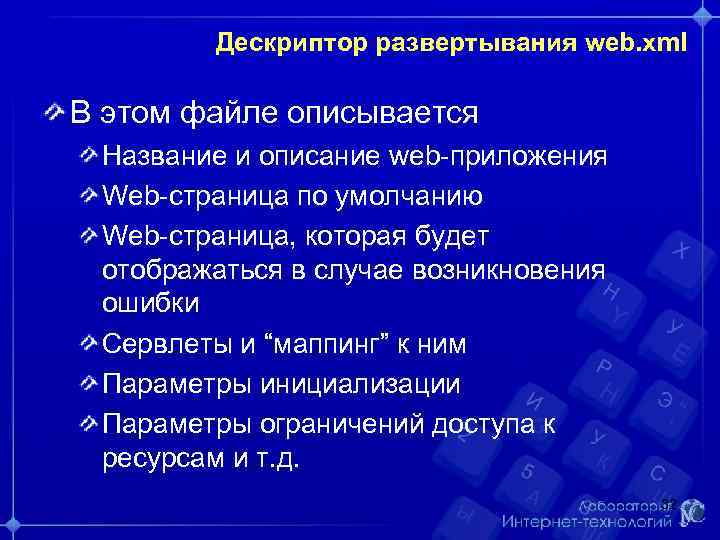 Дескриптор развертывания web. xml В этом файле описывается Название и описание web-приложения Web-страница по