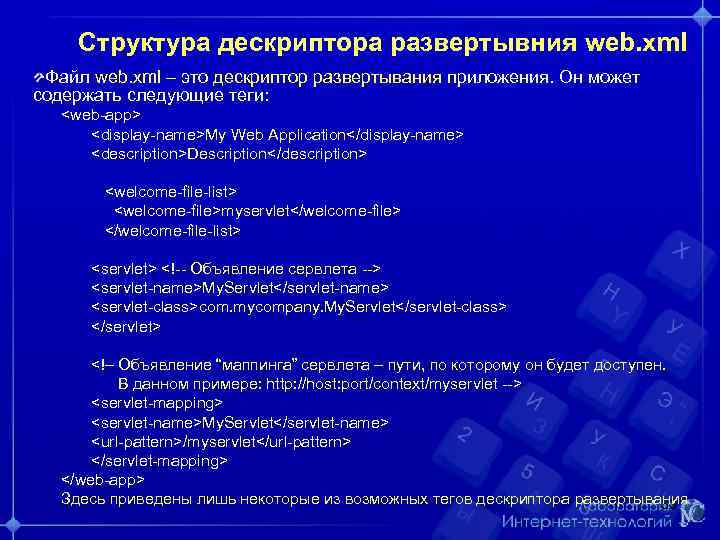 Структура дескриптора развертывния web. xml Файл web. xml – это дескриптор развертывания приложения. Он