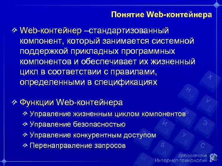 Понятие Web-контейнера Web-контейнер –стандартизованный компонент, который занимается системной поддержкой прикладных программных компонентов и обеспечивает