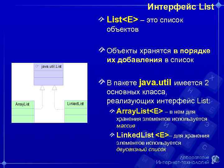 Интерфейс List<E> – это список объектов Объекты хранятся в порядке их добавления в список