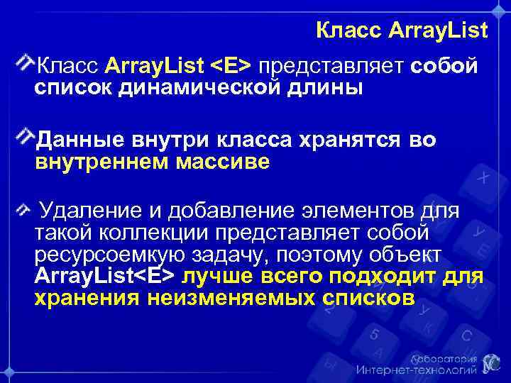 Класс Array. List <E> представляет собой список динамической длины Данные внутри класса хранятся во