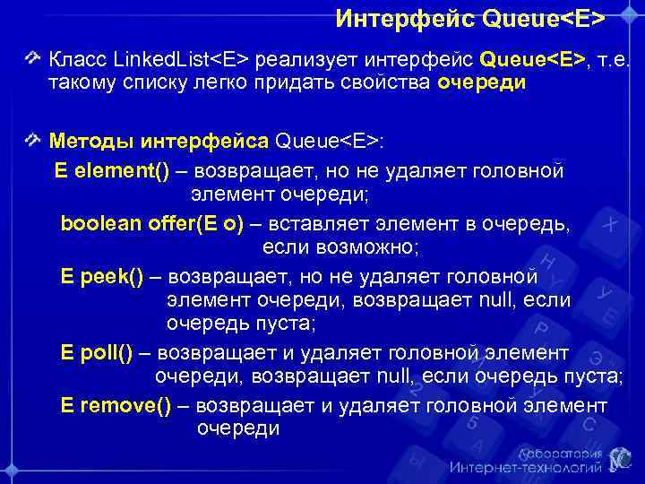 Интерфейс Queue<E> Класс Linked. List<E> реализует интерфейс Queue<E>, т. е. такому списку легко придать