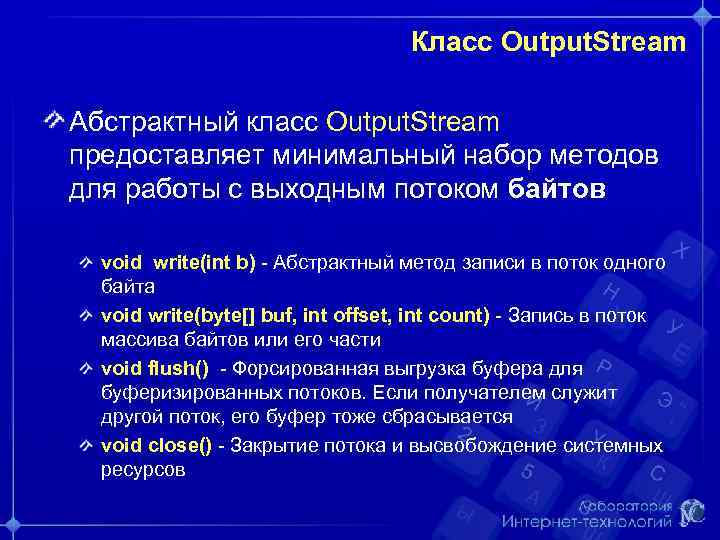 Класс Output. Stream Абстрактный класс Output. Stream предоставляет минимальный набор методов для работы с