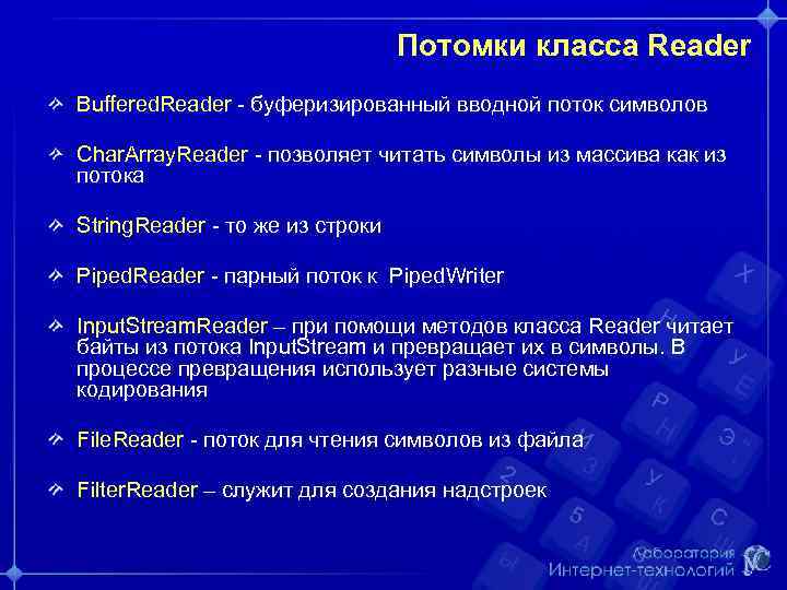Потомки класса Reader Buffered. Reader - буферизированный вводной поток символов Char. Array. Reader -