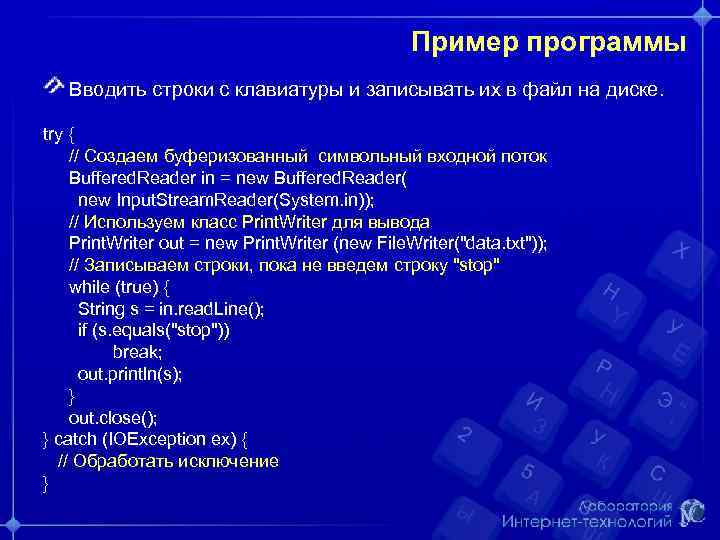 Пример программы Вводить строки с клавиатуры и записывать их в файл на диске. try