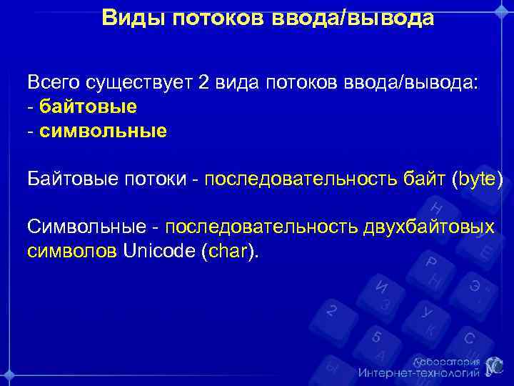 Виды потоков ввода/вывода Всего существует 2 вида потоков ввода/вывода: - байтовые - символьные Байтовые