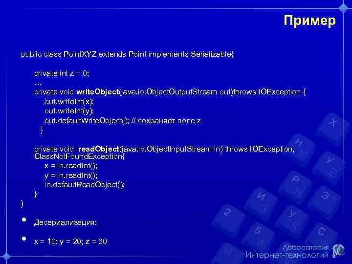 Пример public class Point. XYZ extends Point implements Serializable{ private int z = 0;