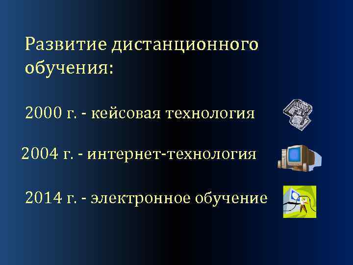 Развитие дистанционного обучения: 2000 г. - кейсовая технология 2004 г. - интернет-технология 2014 г.