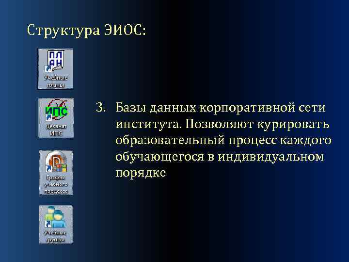 Структура ЭИОС: 3. Базы данных корпоративной сети института. Позволяют курировать образовательный процесс каждого обучающегося