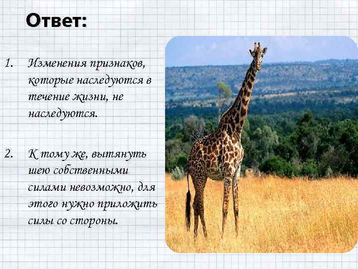 Ответ: 1. Изменения признаков, которые наследуются в течение жизни, не наследуются. 2. К тому