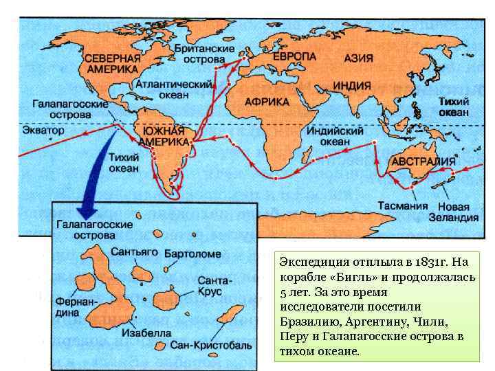 Экспедиция отплыла в 1831 г. На корабле «Бигль» и продолжалась 5 лет. За это