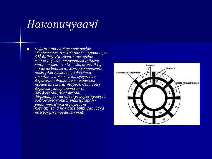 Накопичувачі n Інформація на дискових носіях зберігається в сектоpax (як правило, по 512 байт).