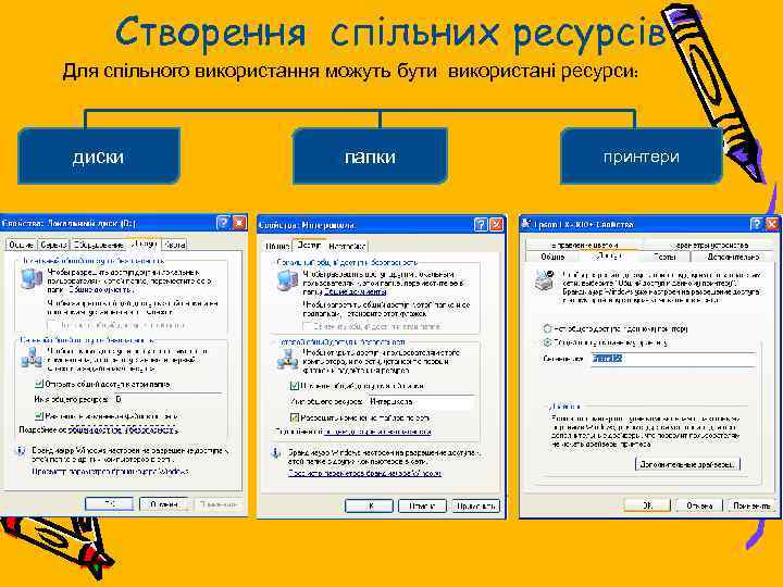 Створення спільних ресурсів Для спільного використання можуть бути використані ресурси: диски папки принтери 