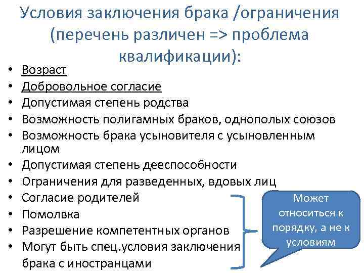  • • • Условия заключения брака /ограничения (перечень различен => проблема квалификации): Возраст