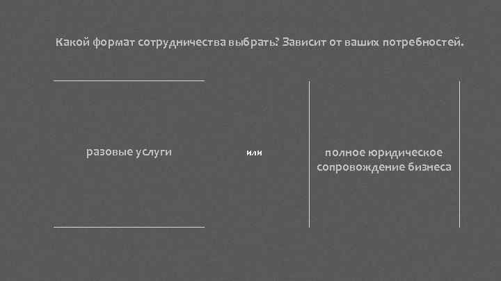 Какой формат сотрудничества выбрать? Зависит от ваших потребностей. разовые услуги или полное юридическое сопровождение