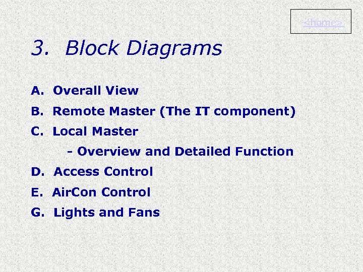 <home> 3. Block Diagrams A. Overall View B. Remote Master (The IT component) C.