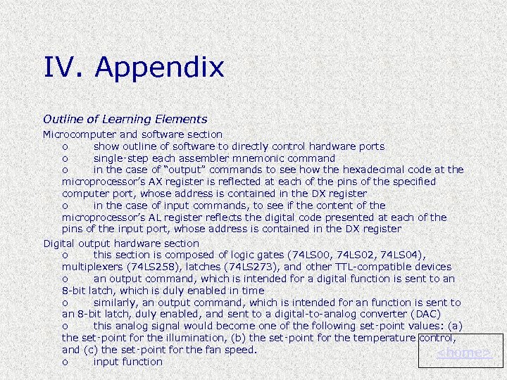 IV. Appendix Outline of Learning Elements Microcomputer and software section o show outline of