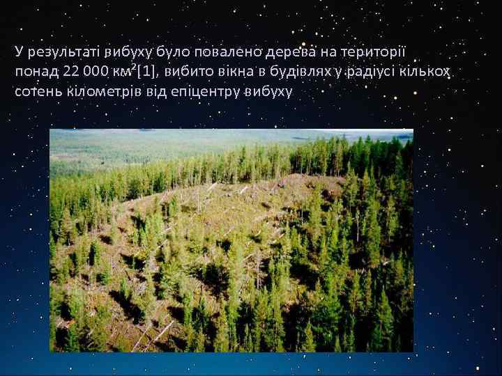 У результаті вибуху було повалено дерева на території понад 22 000 км²[1], вибито вікна