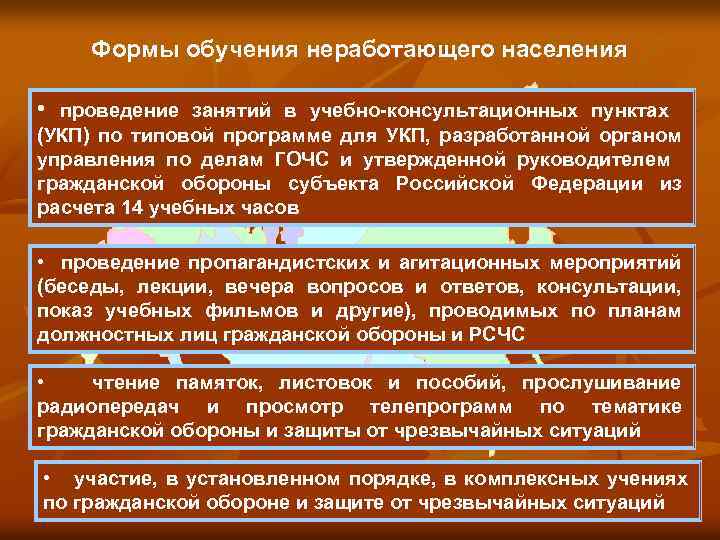 Формы обучения неработающего населения • проведение занятий в учебно-консультационных пунктах (УКП) по типовой программе