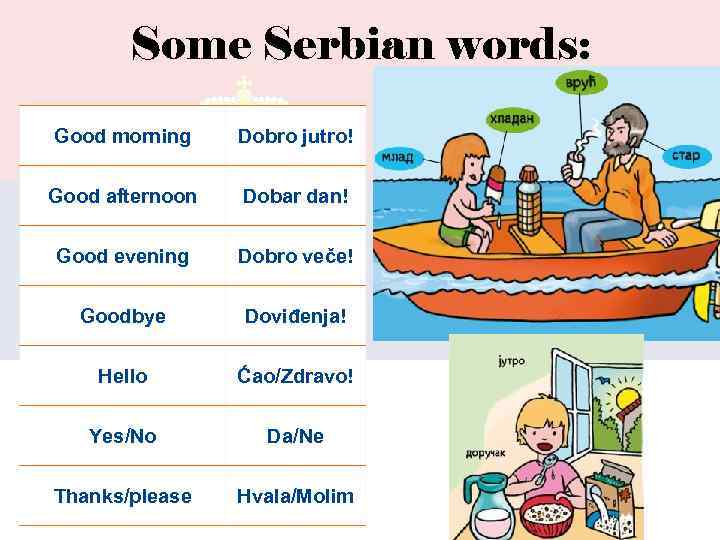 Some Serbian words: Good morning Dobro jutro! Good afternoon Dobar dan! Good evening Dobro