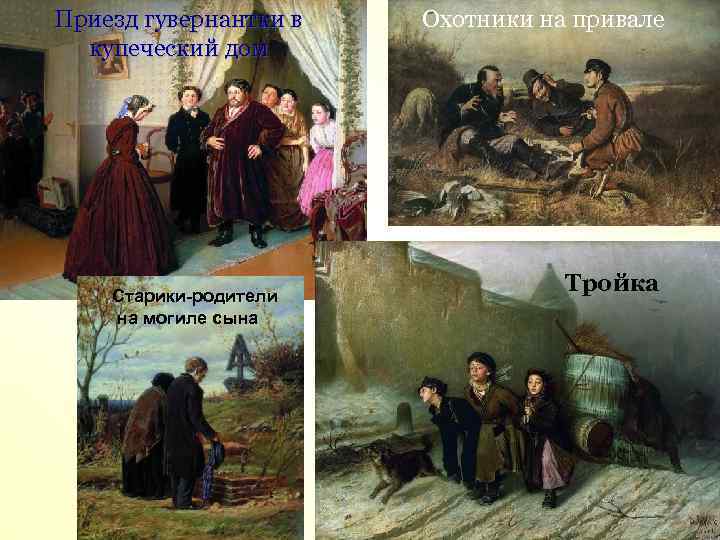 Приезд гувернантки в купеческий дом Старики-родители на могиле сына Охотники на привале Тройка 