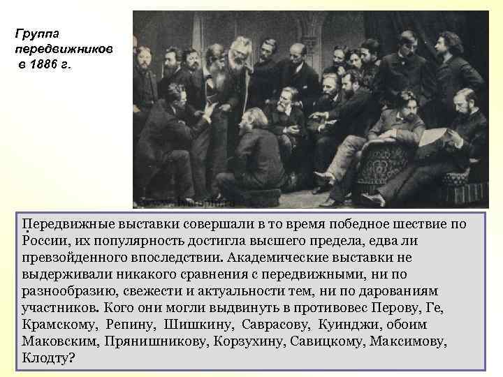 Группа передвижников в 1886 г. Передвижные выставки совершали в то время победное шествие по.