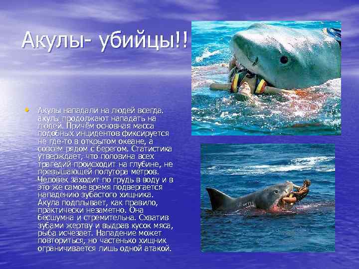 Акулы- убийцы!! • Акулы нападали на людей всегда. акулы продолжают нападать на людей. Причём