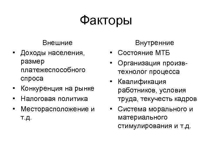 Факторы • • Внешние Доходы населения, размер платежеспособного спроса Конкуренция на рынке Налоговая политика