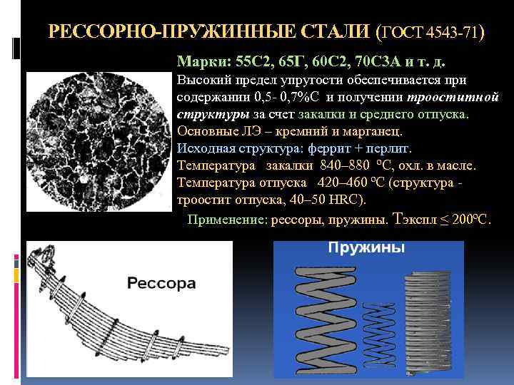 РЕССОРНО-ПРУЖИННЫЕ СТАЛИ (ГОСТ 4543 -71) Марки: 55 С 2, 65 Г, 60 С 2,