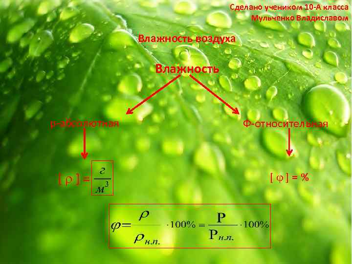 Сделано учеником 10 -А класса Мульченко Владиславом Влажность воздуха Влажность р-абсолютная [ ]= Ф-относительная