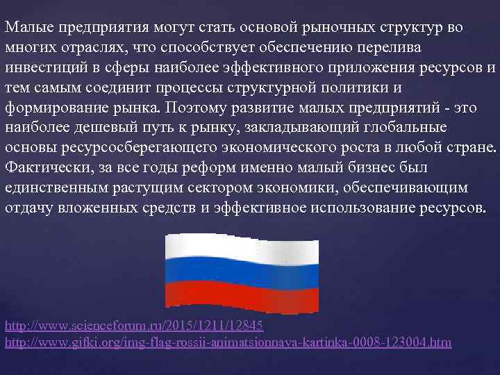 Малые предприятия могут стать основой рыночных структур во многих отраслях, что способствует обеспечению перелива