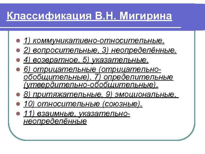 Классификация В. Н. Мигирина 1) коммуникативно-относительные, 2) вопросительные, 3) неопределённые, 4) возвратное, 5) указательные,