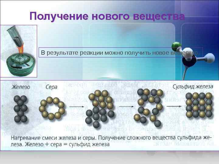 Получение нового вещества В результате реакции можно получить новое вещество. 