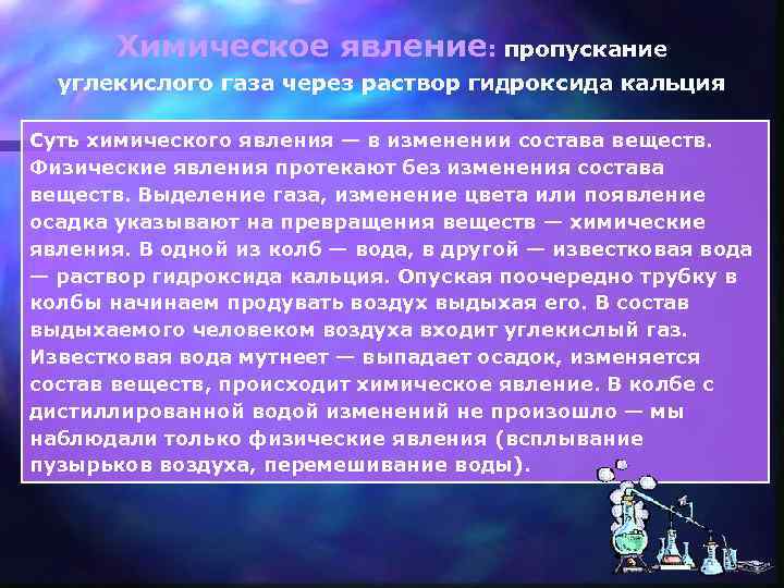 Химическое явление: пропускание углекислого газа через раствор гидроксида кальция Суть химического явления — в