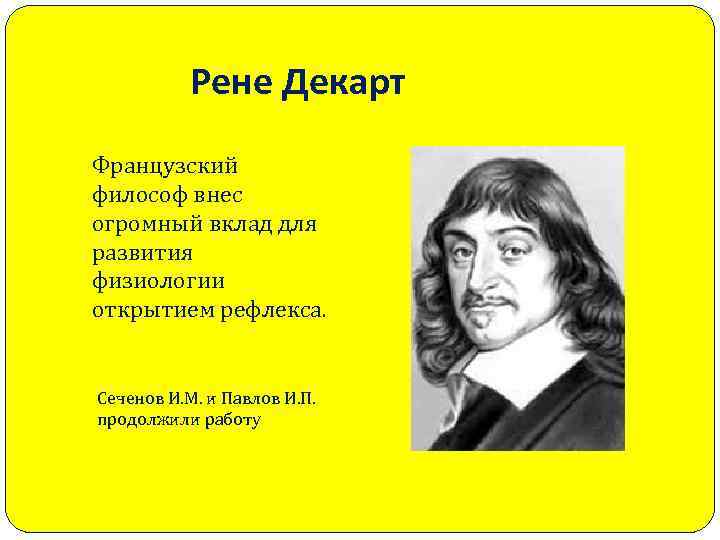 Рене Декарт Французский философ внес огромный вклад для развития физиологии открытием рефлекса. Сеченов И.