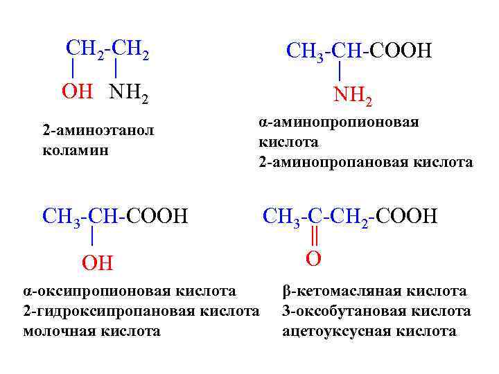CH 2 -CH 2 CH 3 -CH-COOH OH NH 2 2 -аминоэтанол коламин α-аминопропионовая