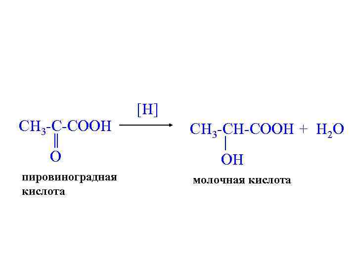 CH 3 -C-COOH O пировиноградная кислота [H] CH 3 -CH-COOH + H 2 O