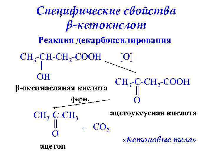 Специфические свойства β-кетокислот Реакция декарбоксилирования CH 3 -CH-CH 2 -COOH OH β-оксимасляная кислота ферм.