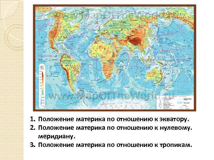 1. Положение материка по отношению к экватору. 2. Положение материка по отношению к нулевому.