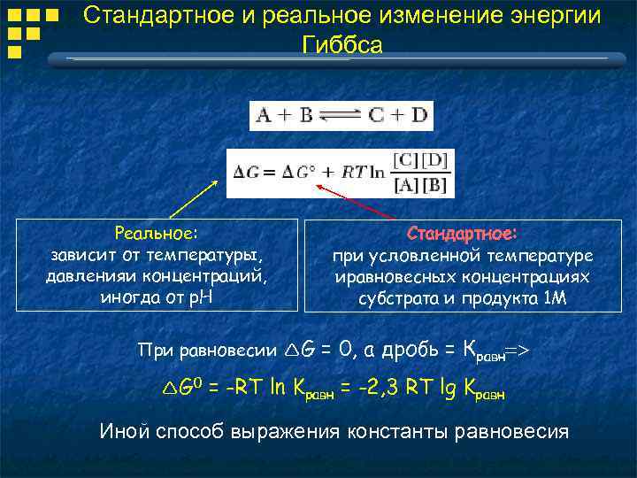 Стандартное и реальное изменение энергии Гиббса Реальное: зависит от температуры, давленияи концентраций, иногда от