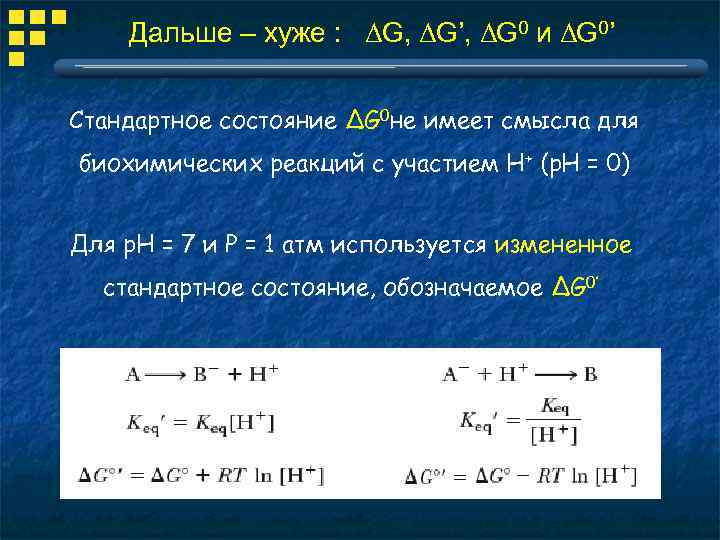 Дальше – хуже : ΔG, ΔG’, ΔG 0 и ΔG 0’ Стандартное состояние ΔG