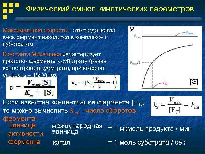 При какой скорости кинетическая. Кинетические параметры ферментативной реакции. Физический смысл константы Михаэлиса. Физический смысл параметров это. Основные кинетические параметры ферментативных реакций.