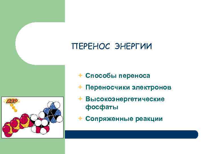 ПЕРЕНОС ЭНЕРГИИ Способы переноса Переносчики электронов Высокоэнергетические фосфаты Сопряженные реакции 