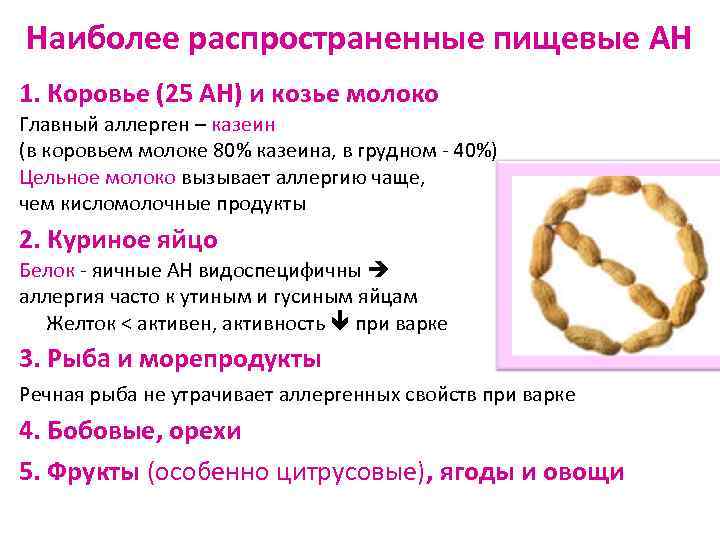 Наиболее распространенные пищевые АН 1. Коровье (25 АН) и козье молоко Главный аллерген –
