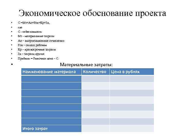 Экономическое обоснование проекта • • • C =Мз+Ао+Роп+Кр+Зд, где С - себестоимость Мз -