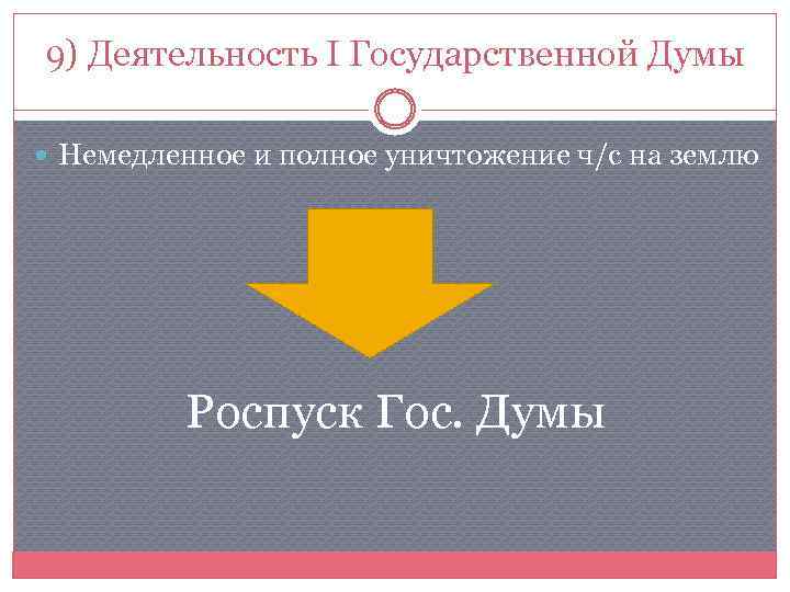 9) Деятельность I Государственной Думы Немедленное и полное уничтожение ч/с на землю Роспуск Гос.