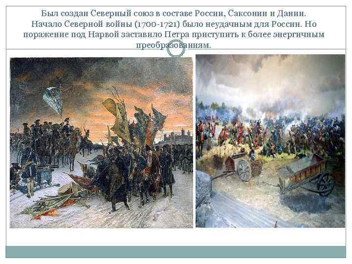 Был создан Северный союз в составе России, Саксонии и Дании. Начало Северной войны (1700