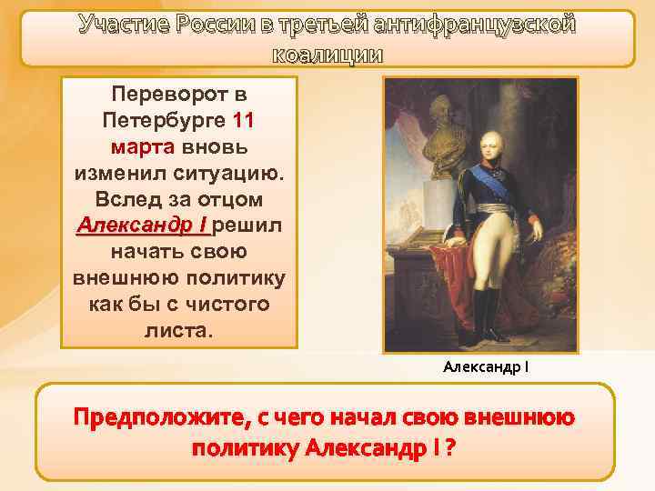 Участие России в третьей антифранцузской коалиции Переворот в Петербурге 11 марта вновь изменил ситуацию.