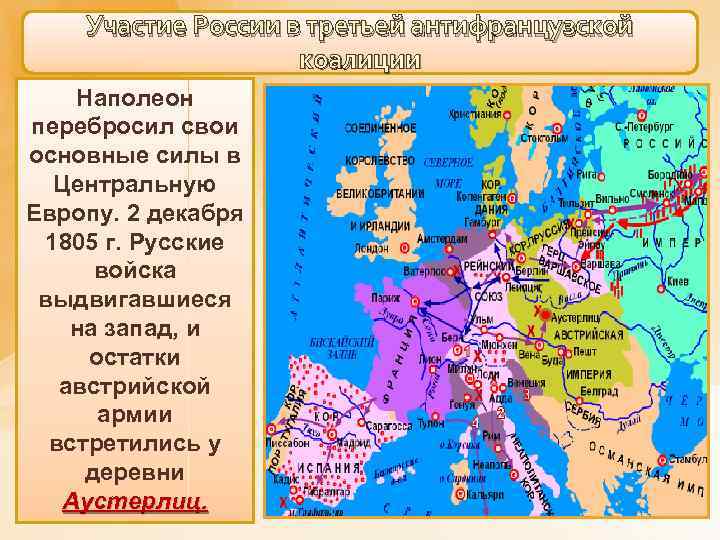 Участие России в третьей антифранцузской коалиции Наполеон перебросил свои основные силы в Центральную Европу.