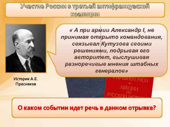 Участие России в третьей антифранцузской коалиции « А при армии Александр I, не принимая